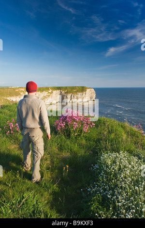 Un visitatore godendo la vista dalla scogliera sulla sommità del promontorio Flamborough Heritage Coast East Riding of Yorkshire Foto Stock