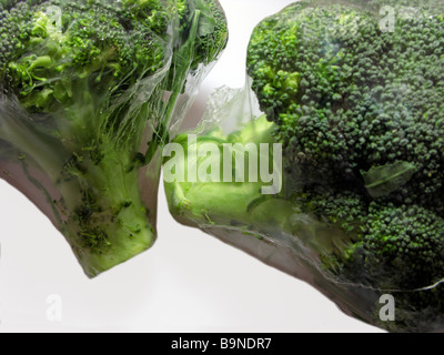 Avvolte nella pellicola pre pranzo degli imballaggi in plastica sui broccoli da un supermercato Foto Stock