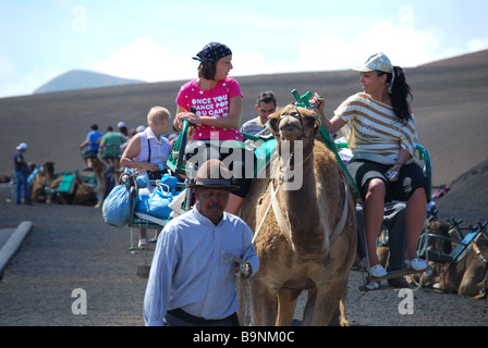 Le corse di cammelli, Parco Nazionale di Timanfaya, Lanzarote, Isole canarie, Spagna Foto Stock