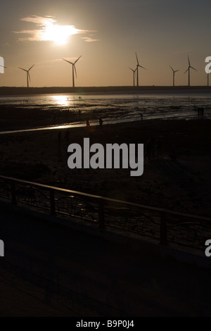 Wind Farm silhouette durante il tramonto, Gaomei zone umide, Qingshui distretto, città di Taichung, Taiwan Foto Stock