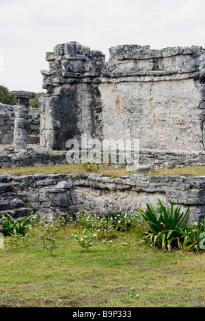 Yucatan Messico 2009 Tulum l'antica rovina Maya città murata con astine la casa delle colonne Foto Stock