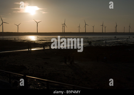 Wind Farm silhouette durante il tramonto, Gaomei zone umide, Qingshui distretto, città di Taichung, Taiwan Foto Stock