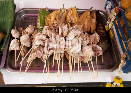 Primo piano di calamari secchi e spiedini di pesce pronti per grigliare su una bancarella di Bangkok Foto Stock