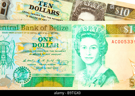 Valuta il denaro Belizian dieci e un dollaro banconote Foto Stock