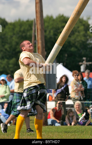 Un uomo partecipa alla caber toss competizione atletica a un festival Celtico come una folla guarda su Foto Stock