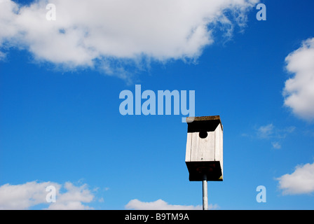Birdhouse contro il cielo blu con il bianco, soffici nuvole