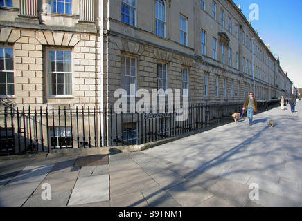 Uomo che cammina i suoi cani su Great Pulteney Street, Bath, Inghilterra, Regno Unito Foto Stock