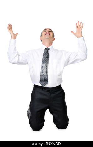 Felice celebrando il business man in suit isolati su sfondo bianco Foto Stock