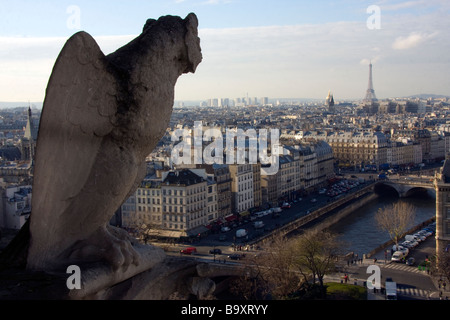 Gargoyle sulla Cattedrale di Notre Dame si affaccia su vista di Parigi dalla Senna e dalla Torre Eiffel Foto Stock