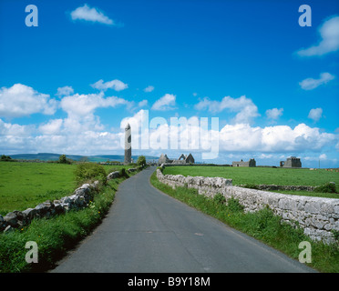 Torre rotonda a Kilmacduagh vicino a Gort, Co Galway, Irlanda Foto Stock