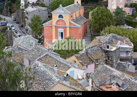 Vista dalla torre di avvistamento al di sopra del villaggio di Nonza Cap Corse Corsica Francia Foto Stock