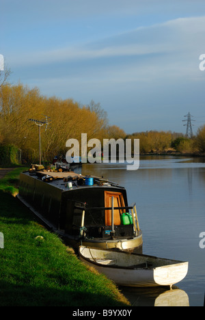 Chiatte e narrowboats ormeggiato sul fiume Lee vicino a Ware in Hertfordshire, Inghilterra, Regno Unito Foto Stock