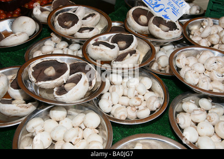 Una bancarella vendendo i funghi al famoso Mercato di Borough in London REGNO UNITO Foto Stock