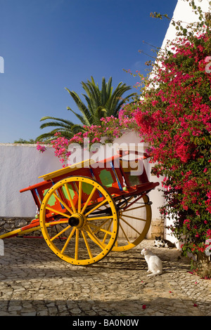 Il Portogallo Algarve, tipico carrello verniciato e bougainvillaea in fiore Foto Stock