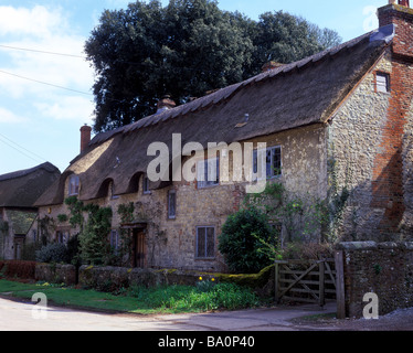Un tradizionale costruito in pietra cottage con il tetto di paglia, Amberley, West Sussex Foto Stock