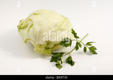 Testa di lattuga (cavolo) e prezzemolo perfetta isolati su sfondo bianco. Foto Stock