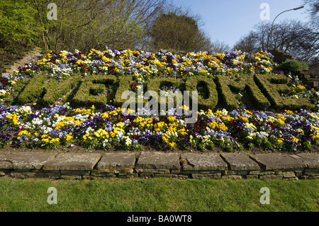 Un benvenuto enunciato in piante che accoglie i visitatori la guida nella città di Brighton e Hove sulla A23 road. Foto Stock