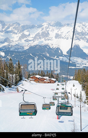 Vista panoramica del monte Dachstein da Reiteralm, Alpi, Stiria, Austria Foto Stock
