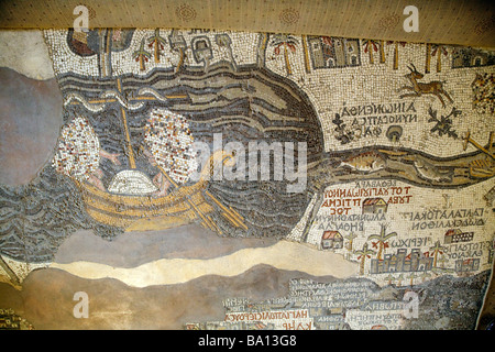 Sezione dalla Carta di Madaba della Terra Santa che mostra il Mar Morto e il fiume Giordano; Chiesa di St George, Madaba, Giordania, Medio Oriente Foto Stock