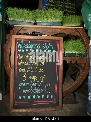 Un juice bar vendita di wheatgrass scatti a Borough Market London REGNO UNITO Foto Stock