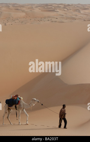 Leader di cammelli nel deserto Saraha vicino a Chinguetti in Mauritania Foto Stock