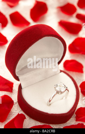 Anello di diamanti nel cuore scatola sagomata circondato da petali di rosa Foto Stock