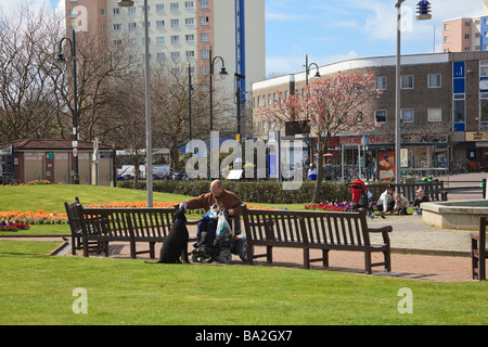 Un uomo in sedia a rotelle nutre il suo cane in parte sul lungomare a Gosport Hampshire Foto Stock