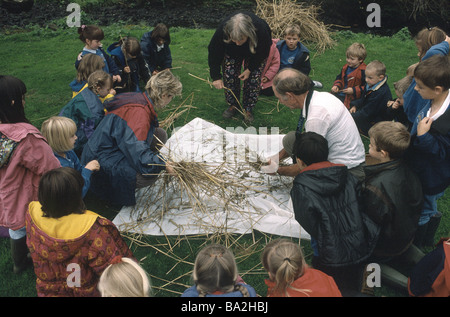 I bambini della scuola elementare in visita a una fattoria di grano nel Derbyshire dove essi sono mostrati come coltivare frumento in un vecchio modo Foto Stock