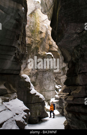 Scalatore femmina esplora arrampicata su ghiaccio nella si restringe al Canyon Maligne nel Parco Nazionale di Jasper, Alberta, Canada Foto Stock