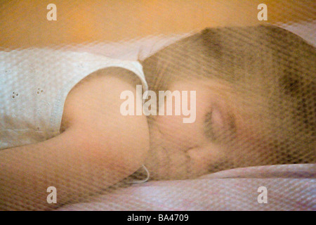 Piccola ragazza dorme protetto da una zanzariera a Siviglia Andalusia Spagna Foto Stock