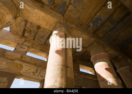 Colonne dipinte in Akh-Menou, il Festival Hall di Thutmosi III, Tempio di Karnak Kuxor, Egitto Foto Stock