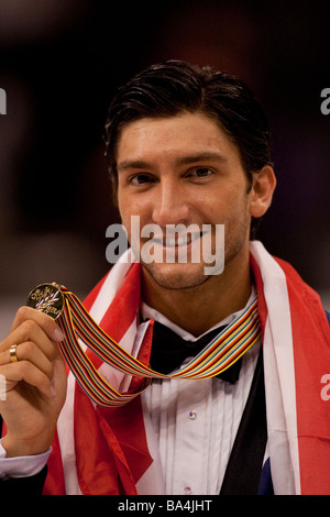Evan Lysacek USA medaglia d'oro negli uomini la concorrenza a livello mondiale 2009 figura Skating Championships Foto Stock