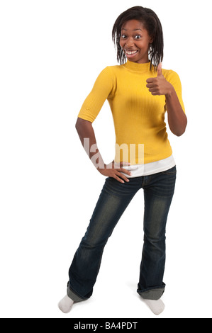 Giovane donna di African American etnicità in piedi gesticolando Thumbs up Studio shot ritratto Foto Stock