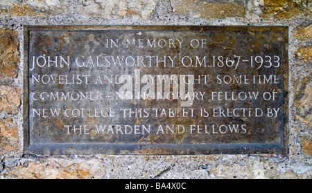 Oxford, Inghilterra, Regno Unito. Nuovo collegio. Una lapide commemorativa a John Galsworthy (Autore 1867-1933) nel chiostro Foto Stock