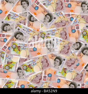 British denaro - dieci note Pound sterling vista aerea Foto Stock