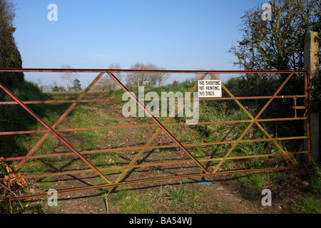 Nessun tiro caccia no no cani segno su un vecchio metallo arrugginito porta d'ingresso per un campo Foto Stock