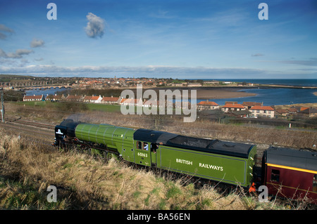 Il nuovo di zecca britannica locomotiva a vapore, Tornado si dirige verso la frontiera reale ponte a Berwick upon Tweed Foto Stock