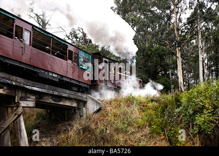 Il Puffing Billy treno attraversando il traliccio ponte costruito nel 1899 il Dandenong Ranges Victoria Australia Foto Stock