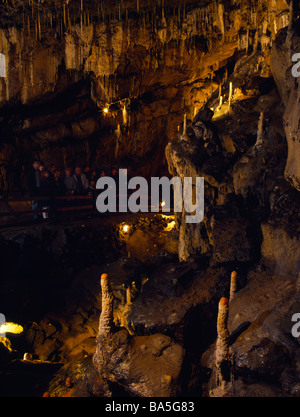 Formazioni di stalagmiti in "l'uovo poached camera a Poole's Cavern, Buxton, Derbyshire Foto Stock