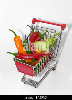 Varie Hot Chili Peppers in miniatura carrello della spesa. Foto Stock