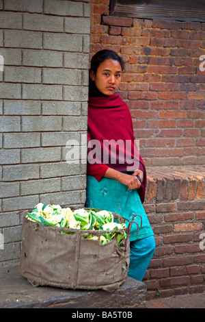 Donna con carico pesante della verdura in sacchetto superiore rosso. Kathmandu in Nepal in Asia. 92703 verticale Nepal Foto Stock