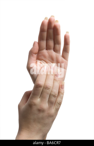 Close up della donna e delle sue mani contro uno sfondo bianco Foto Stock
