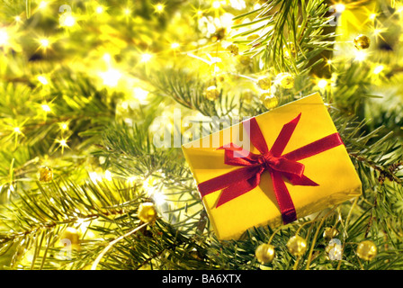 Il Natale cristiano-tree close-up di Abete rami dono-pacchetto piccolo giallo rosso di prua ad abete rami dettaglio decorato decorazione Foto Stock