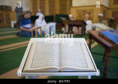 Aprire il Corano libro in Aleppo Grande Moschea, Aleppo, Siria, Asia Foto Stock