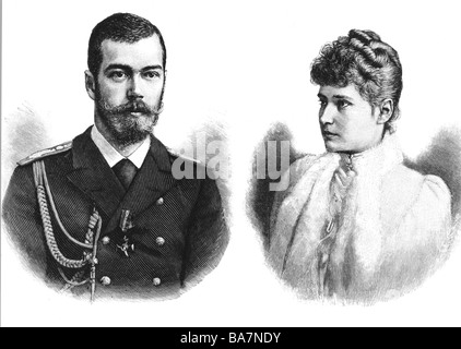 Nicholas II Alexandrovich, 6.5.1868 - 16.7.1918, l'imperatore di Russia 21.10.1894 - 2.3.1917, ritratto, con fidanzato Alix di Hesse, incisione su legno, 1894, , artista del diritto d'autore non deve essere cancellata Foto Stock