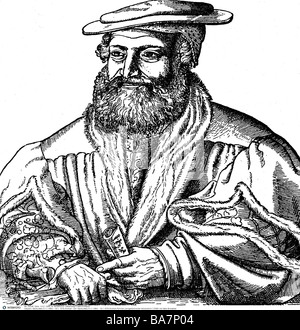 Sachs, Hans 5.11.1494 - 19.1.1576, poeta tedesco, meisteringer, a mezza lunghezza, legno contemporaneo (1545) di Hans Brosamer, Foto Stock