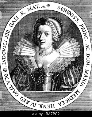 Maria de' Medici, 26.4.1573 - 3.7.1642, regina di Francia 5.10.1600 - 14.5.1610, ritratto, incisione su rame, secolo XVII, artista del diritto d'autore non deve essere cancellata Foto Stock