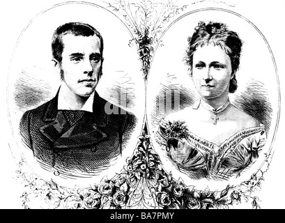 Rudolf, 21.8.1858 - 30.1.1889, Principe ereditario dell'Austria-Ungheria, con moglie Stephanie del Belgio (21.5.1864 - 23.8.1945), incisione del legno, 1880, , Foto Stock