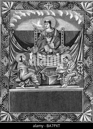 Gregory i 'il Grande' (Anicius Gregorius), circa 540 - 12.3.604, Papa 3.9.590 - 12.3.604, incisione del legno dopo la messa canon, 9th secolo, , Foto Stock