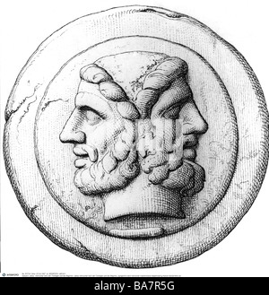 Janus, dio romano di porte, porte, porte, inizi e finali, incisione del legno, dopo moneta romana di rame, Foto Stock